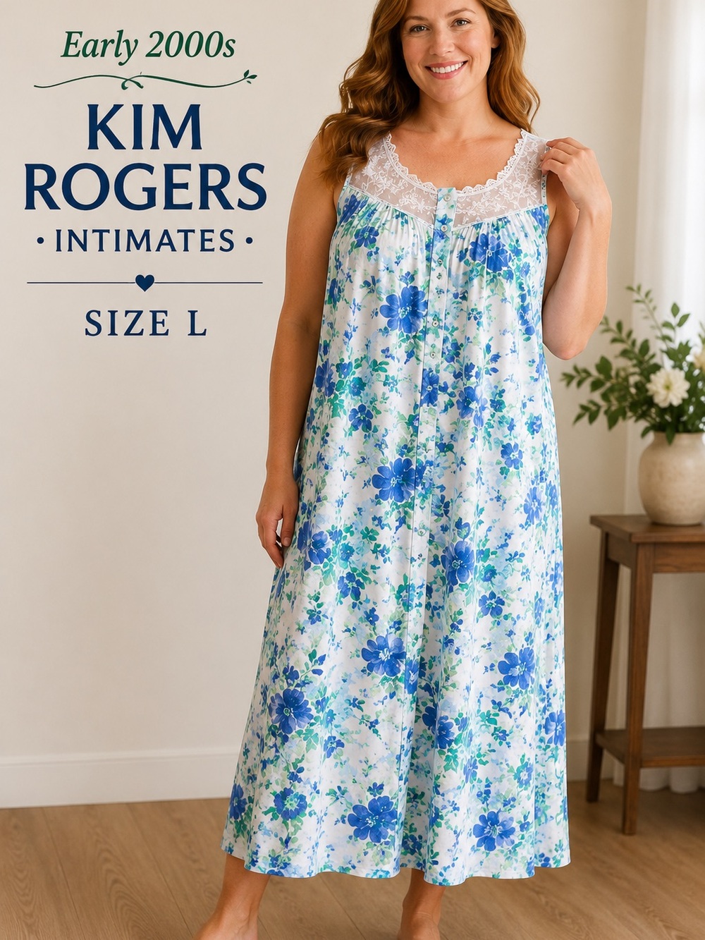 Y2K Kim Rogers Intimates Cotton Floral Lace Nightgown L